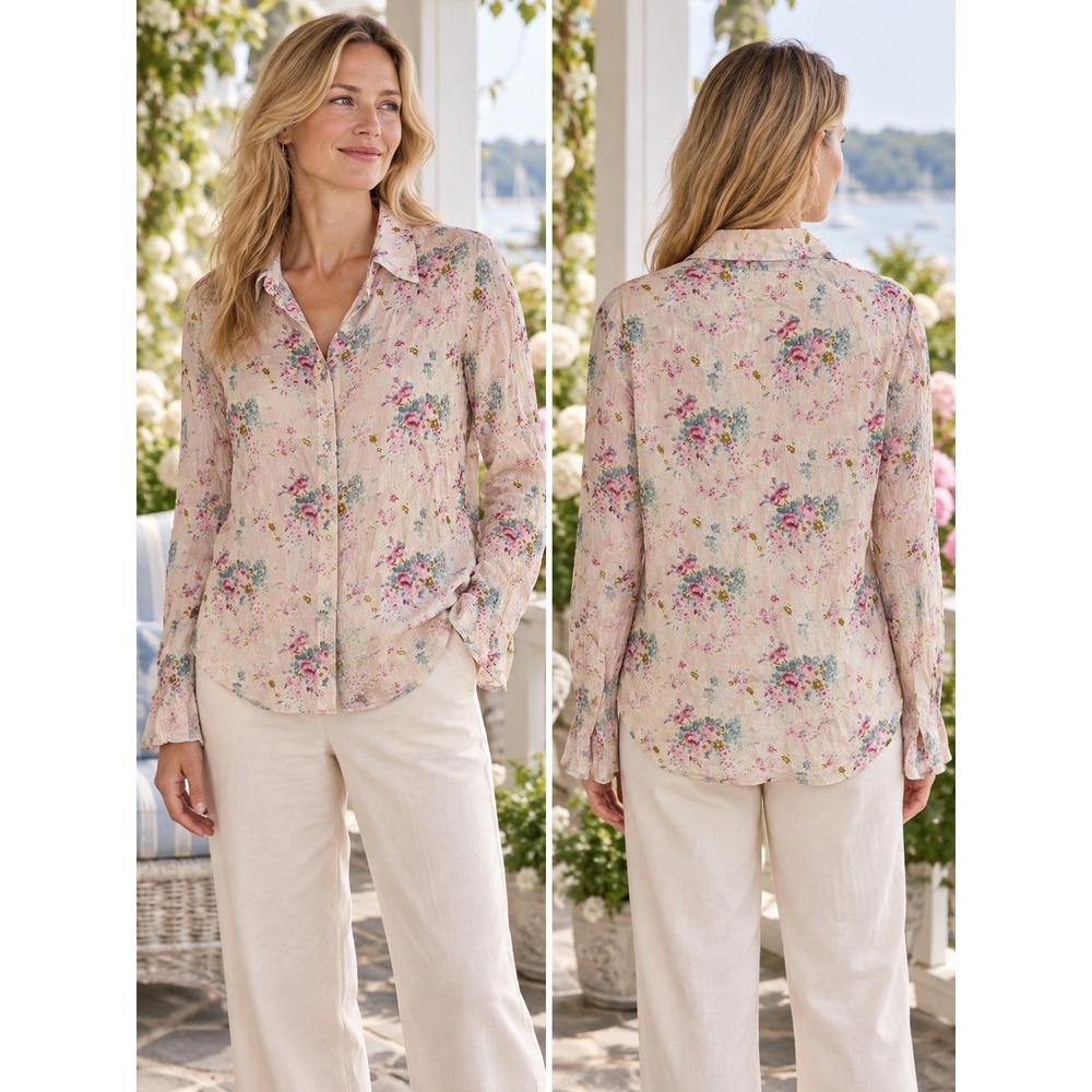 J Jill Floral Cotton Blouse Womens Medium Tall Romantic Cottagecore Coastal